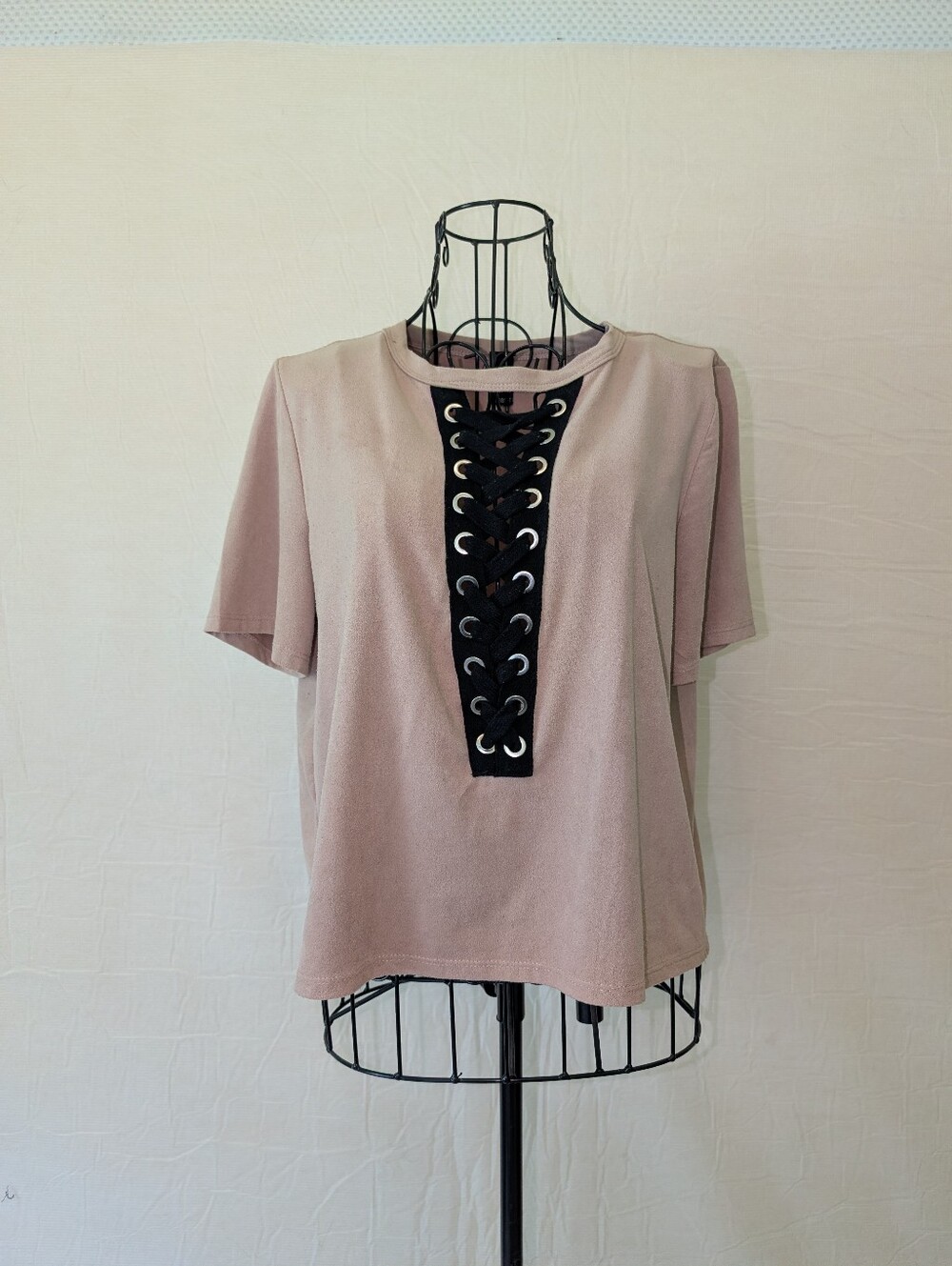 Camel Velvet Top With Black Tie Down Front